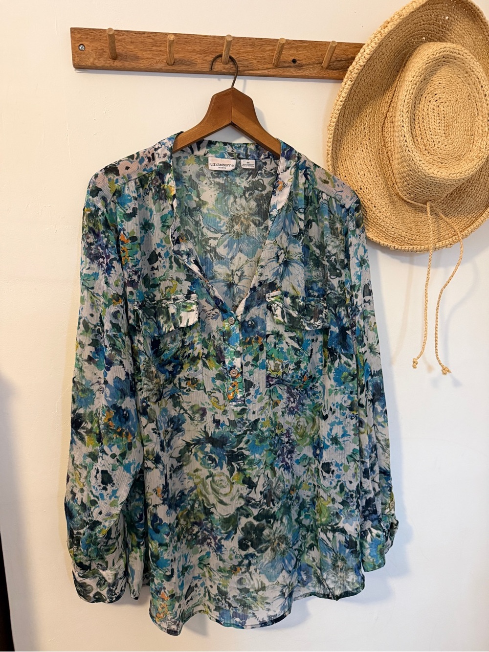 Liz Claiborne Blue and Green Floral Button-Front Blouse